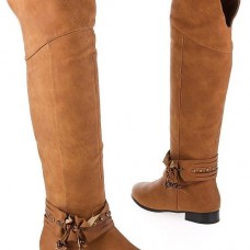 Overkneelaarzen camel bruin Overknee laarzen Mini jurken.nl Overkneelaarzen gespen rits 47 cm bruin Overknee laarzen