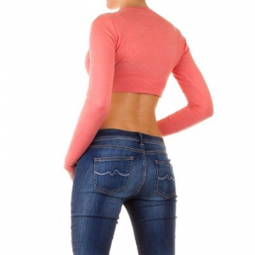 Bolero lange mouw knoopjes en lederlook randjes koraal rood