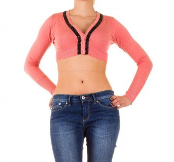 Bolero lange mouw knoopjes en lederlook randjes koraal rood