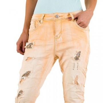 Boyfriend jeans strass studs scheuren abrikoos