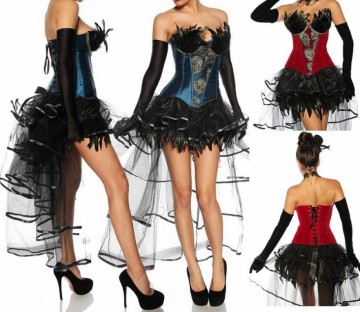 Korset Burlesque met veren blauw of rood