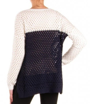 Dames trui gebreid met gaten blauw wit