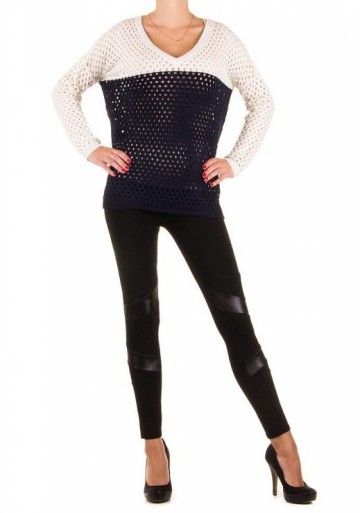 Dames trui gebreid met gaten blauw wit