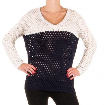 Dames trui gebreid met gaten blauw wit