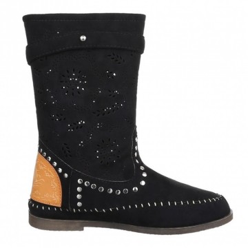 Ibiza boots kuitlaarsjes geperforeerde bloemen studs gesp zwart
