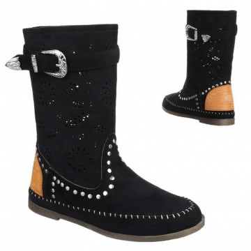 Ibiza boots kuitlaarsjes geperforeerde bloemen studs gesp zwart