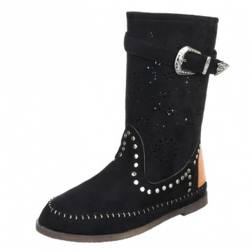Ibiza boots kuitlaarsjes geperforeerde bloemen studs gesp zwart