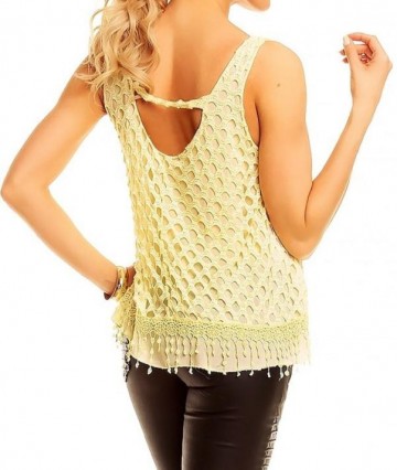 Ibiza dames franje tops geperforeerd kant geel