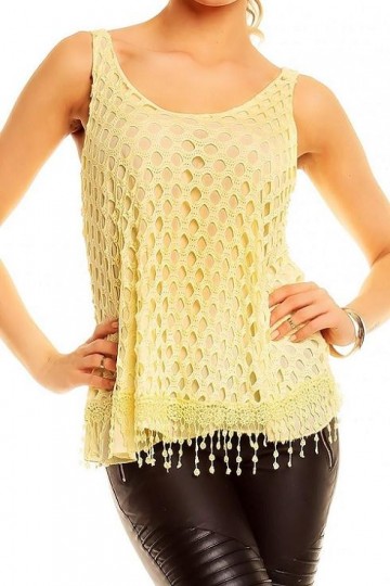 Ibiza dames franje tops geperforeerd kant geel