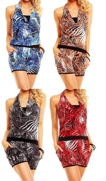 Jumpsuit safari print blauw zwart bruin rood