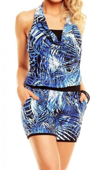 Jumpsuit safari print blauw zwart