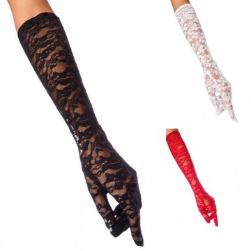 Kanten handschoenen 46 cm zwart wit rood