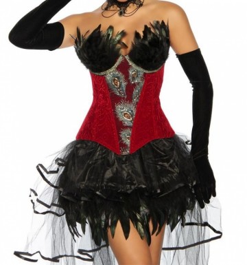 Korset Burlesque met veren blauw of rood