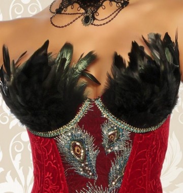 Korset Burlesque met veren blauw of rood