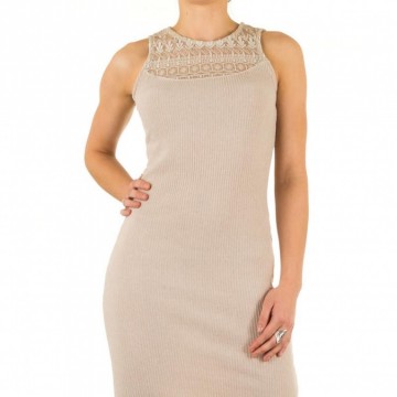 Lange dames jurk fijn gebreid met kant beige