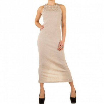 Lange dames jurk fijn gebreid met kant beige