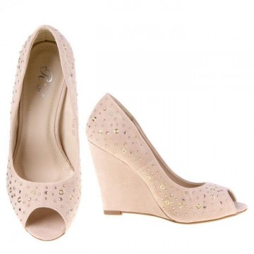 Peep toe dames pumps 10 cm sleehak studs strass beige roze
