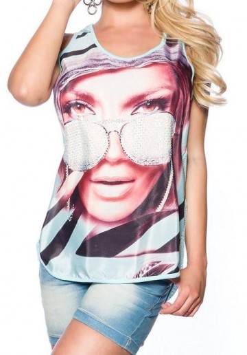 Tops dames transparant foto print strass mint groen