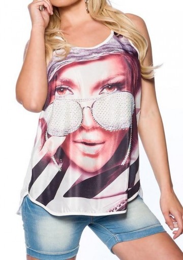 Tops dames transparant foto print strass wit