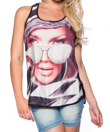Tops dames transparant foto print strass zwart