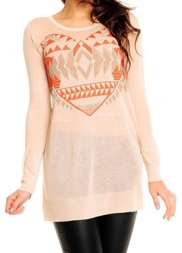 Trui dames met hartje glitter garen beige licht roze