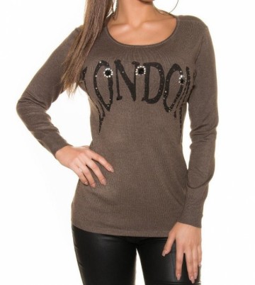 Trui strass London tekst kant cappuccino bruin Koucla