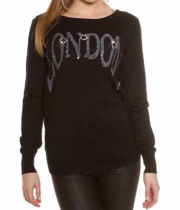 Trui strass London tekst kant zwart Koucla