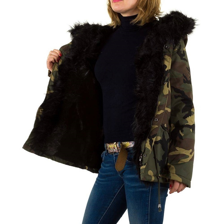 Parka winterjas bont gevoerd camouflage leger groen Jassen dames jas camo groen met zwarte bont