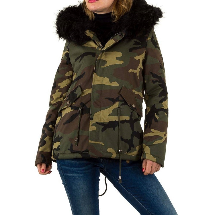 Parka winterjas bont gevoerd camouflage leger groen Jassen dames jas camo groen met zwarte bont